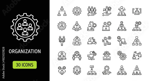 Efficient organizational management vector icons set featuring a comprehensive collection of 30 sleek line art illustrations for business hierarchy and teamwork concepts