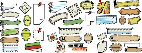 Vintage retro style collection of torn paper labels stickers tags and banners with grunge textures and rough edges pinned and taped on white background for scrapbooking decoration