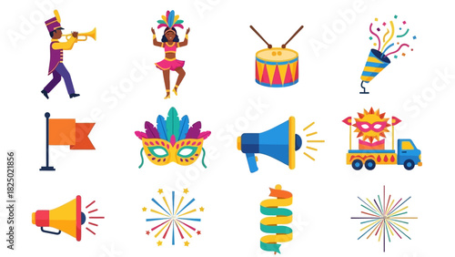 Carnival party and parade celebration flat icon set. Vector illustration collection with dancer, mask, and fireworks