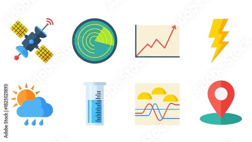 Comprehensive set of modern flat design vector icons for technology, science, weather, data analytics, and location-based digital projects