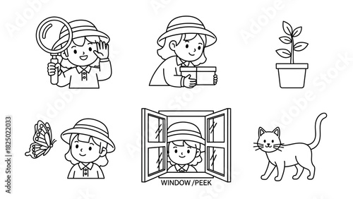 Collection of charming line art icons showing a curious girl's daily activities exploring, observing nature, interacting with pets, and simple home life. 
