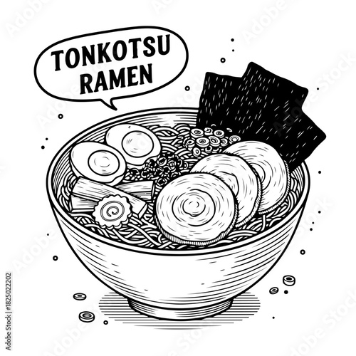 A detailed black and white sketch illustration of a delicious bowl of Japanese Tonkotsu ramen with various toppings.