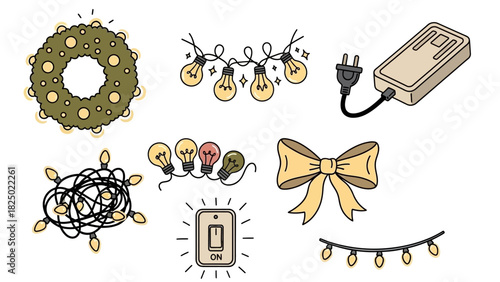 Collection of festive and decorative lighting elements, including string lights, a wreath, a bow, and a switch