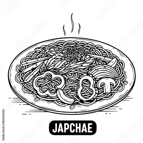 A hand-drawn black and white sketch illustration of the traditional Korean noodle dish, Japchae, served hot on a plate.
