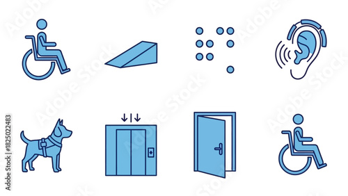Set of blue color line icons for disability and accessibility concepts including wheelchair access, ramps, braille, and hearing assistance