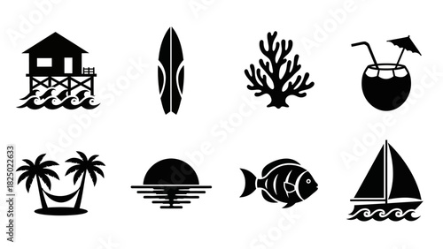 A collection of black silhouette vector glyph icons representing a tropical beach vacation, summer travel, and ocean leisure activities
