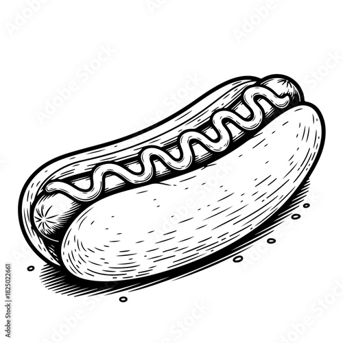 A black and white hand-drawn illustration of a classic hot dog in a bun with a swirl of mustard on top.
