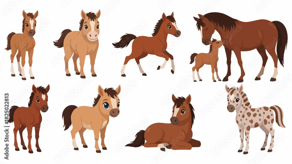 Obraz premium A charming and diverse collection of adorable cartoon horse and foal illustrations, showcasing various poses, colors, and playful expressions, perfect for children's books, educational materials, 