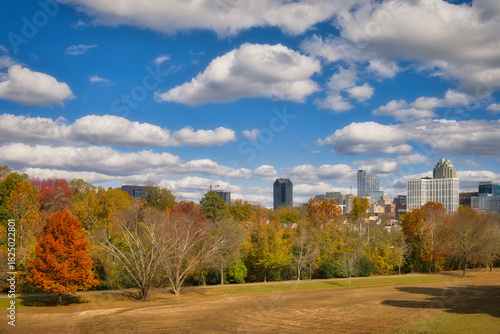 A colorful Autumn cityscape in the city of Raleigh, North Carolina USA. 