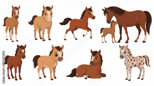 A charming and diverse collection of adorable cartoon horse and foal illustrations, showcasing various poses, colors, and playful expressions, perfect for children's books, educational materials, 