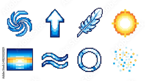 Pixel art icons representing elements of nature and abstract concepts
