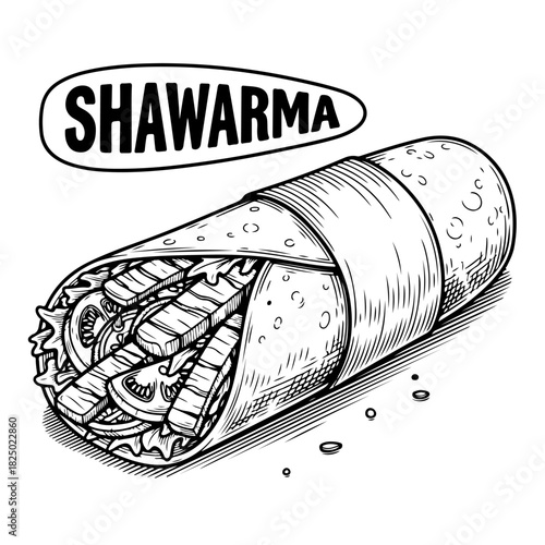 A hand-drawn black and white illustration of a shawarma wrap with meat and vegetables.