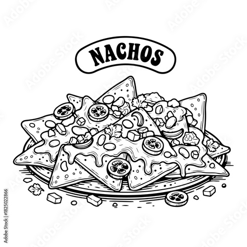 A detailed black and white line drawing of a heaping plate of nachos with cheese, beans, and jalapeños.