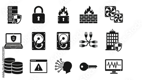 Collection of computer security and data protection icons, illustrating cybersecurity and technology concepts