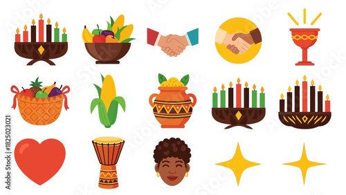 Kwanzaa holiday icons and symbols candles, corn, drum, heart, gifts, and handshake illustrations for celebrations and decorations