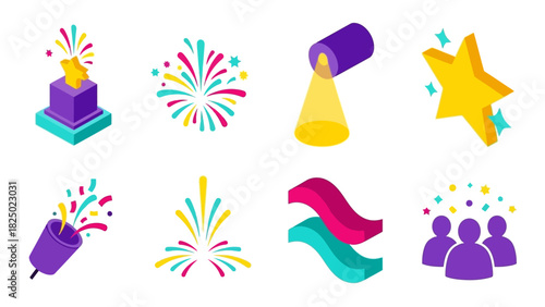 Festive Celebration Icons Stars, Fireworks, and Confetti for Events and Parties