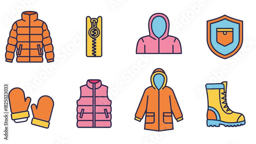 Vibrant vector icon collection showcasing essential winter clothing, protective gear, and cold weather accessories for outdoor adventures and seasonal activities