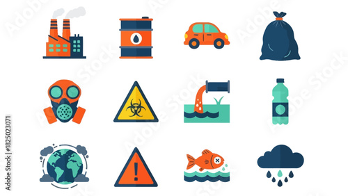 Environmental Pollution and Hazard Icons Air, Water, and Land Contamination Symbols