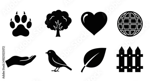 Set of Black and White Nature-Themed Icons Paw Prints, Tree, Heart, Globe, Hand, Bird, Leaf, and Fence