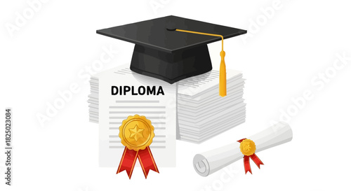 Academic Graduation Success Concept Illustration with Cap, Stacked Diplomas, and Certificate Symbolizing Educational Achievement and Future Endeavors