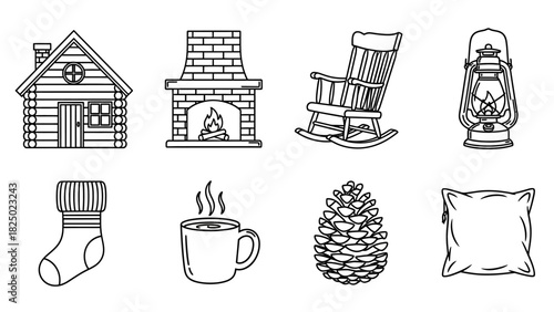 Cozy Cabin and Comfort Icons A Collection of Illustrations for Relaxation and Warmth
