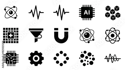 A collection of science and technology icons, including atom, heart beat, AI chip, cubes, magnet, gear, and more