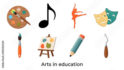 Collection of artistic symbols representing creative pursuits and their integration into educational contexts