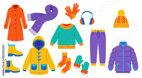 Collection of warm winter clothing and accessories for cold weather protection