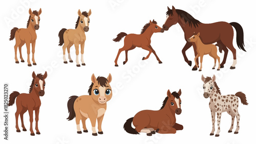 A delightful collection of cute cartoon horses and foals, featuring charming equine illustrations in various poses, perfect for children's stories and animal-themed designs