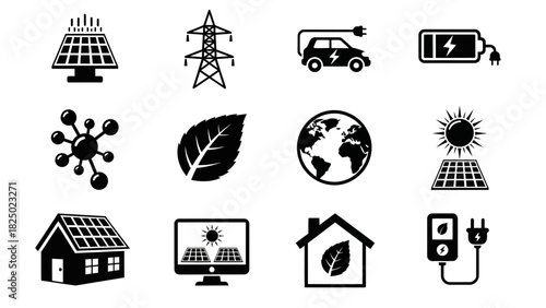 Essential vector icons depicting renewable energy, sustainable technology, and eco-friendly solutions for modern environmental and green living applications