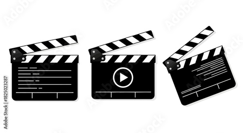 Set of three black and white movie clapperboards, two with play button symbols, isolated on a white background, vector illustration
