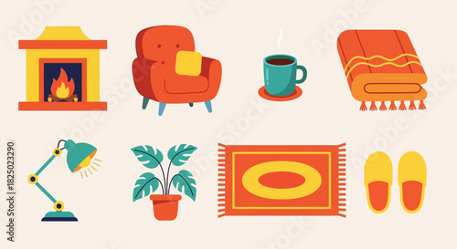 Collection of Cozy Home Interior Icons Vector Illustration Set Depicting Warmth, Comfort, and Relaxation for a Pleasant Dwelling Experience