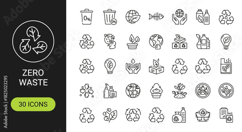 Eco-friendly vector line icons set depicting zero waste, recycling, and environmental protection for sustainable design and green living concepts