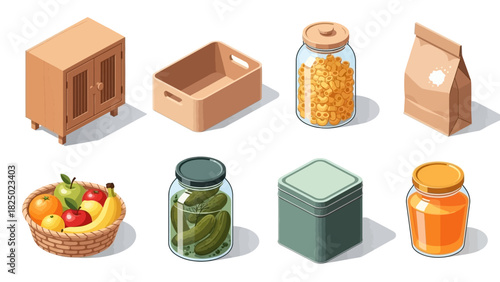 Pantry Isometric Icons Food Storage and Kitchen Essentials