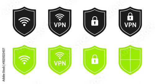 Shield Icons Diverse VPN and Security Symbols in Black and Green for Digital Safety