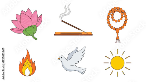 A vibrant collection of spiritual and natural concept vector icons, featuring a blooming lotus, burning incense, meditation beads, a peaceful dove, a glowing sun, and a sacred flame
