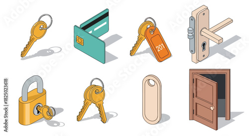 Isometric Vector Icons Set for Security, Access, and Hospitality featuring Keys, Locks, Doors, Credit Card, and Do Not Disturb Hanger
