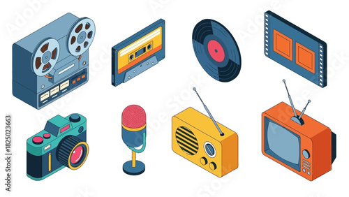 Retro Media Icons Isometric Illustrations of Vintage Audio & Visual Devices