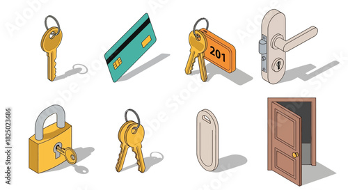 Set of isometric icons representing security and access, including keys, locks, hotel cards, and doors