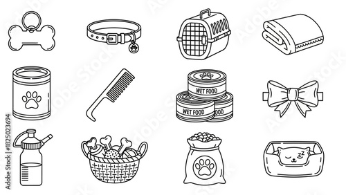 Pet Care Outline Icons Essential Supplies and Accessories for Your Furry Friends