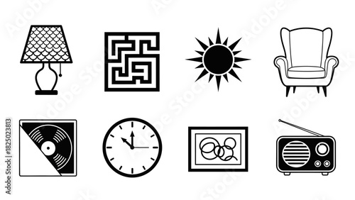 A diverse collection of black and white line art icons depicting various household items, natural elements, and abstract concepts for modern graphic design projects and digital interfaces