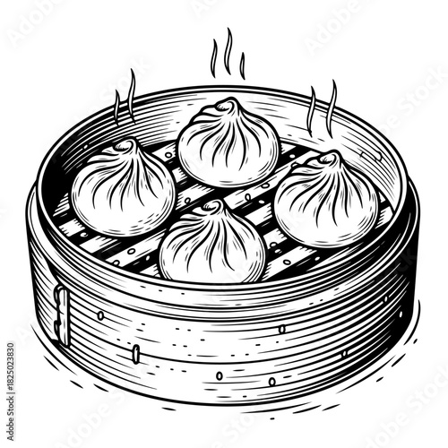 A hand-drawn black and white illustration of four steaming hot soup dumplings served in a traditional bamboo steamer basket.