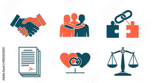 Diverse Illustrative Icons Representing Core Concepts of Business, Law, Social Relationships, and Community for Modern Design Projects