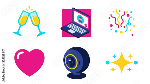 Online Celebration Icons Cheers, Video Call, and Festive Fun