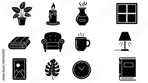 Set of elegant black silhouette icons showcasing various essential home and interior decor elements, including furniture, plants, and everyday objects for comfortable living spaces