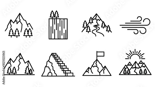 Set of mountain icons and landscape illustrations, symbolizing nature and adventure