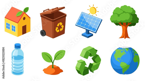 Eco-friendly icons representing sustainability, recycling, and clean energy in a modern isometric style