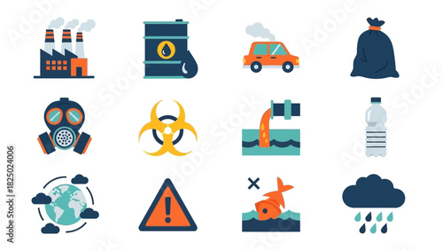 Environmental pollution icons climate change, pollution, and waste management illustrations