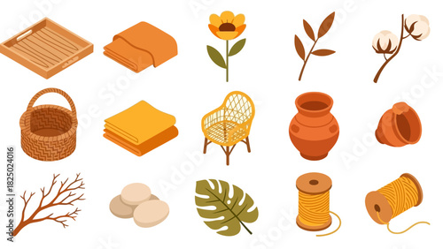 Isometric Collection of Cozy Home Decor, Craft Supplies, and Natural Elements for Rustic Living and Creative Projects - Vector Illustrations Pack
