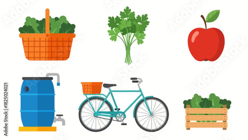 Flat vector icons of fresh garden produce and sustainable living essentials. Features healthy food greens, parsley, apple. Plus eco-friendly rain barrel and bicycle